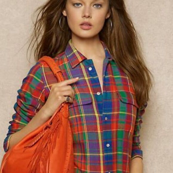 Ralph Lauren Bright Jewel-Tone Check Plaid Cotton Flannel Suede Patch Workshirt - Picture 2 of 16